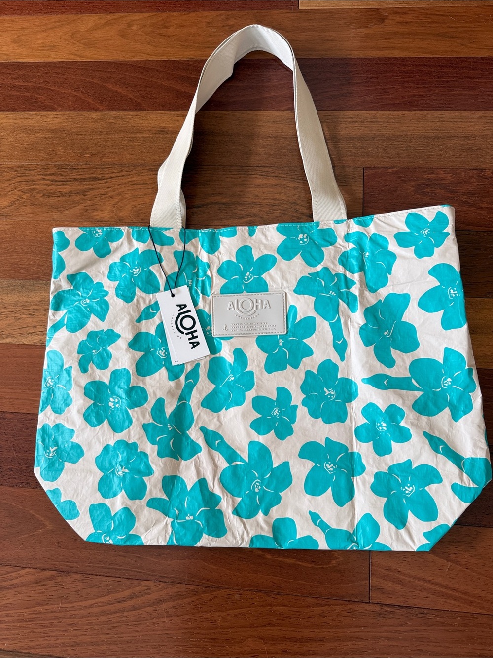 ALOHAS Turquoise Floral Canvas Tote with Cream Straps